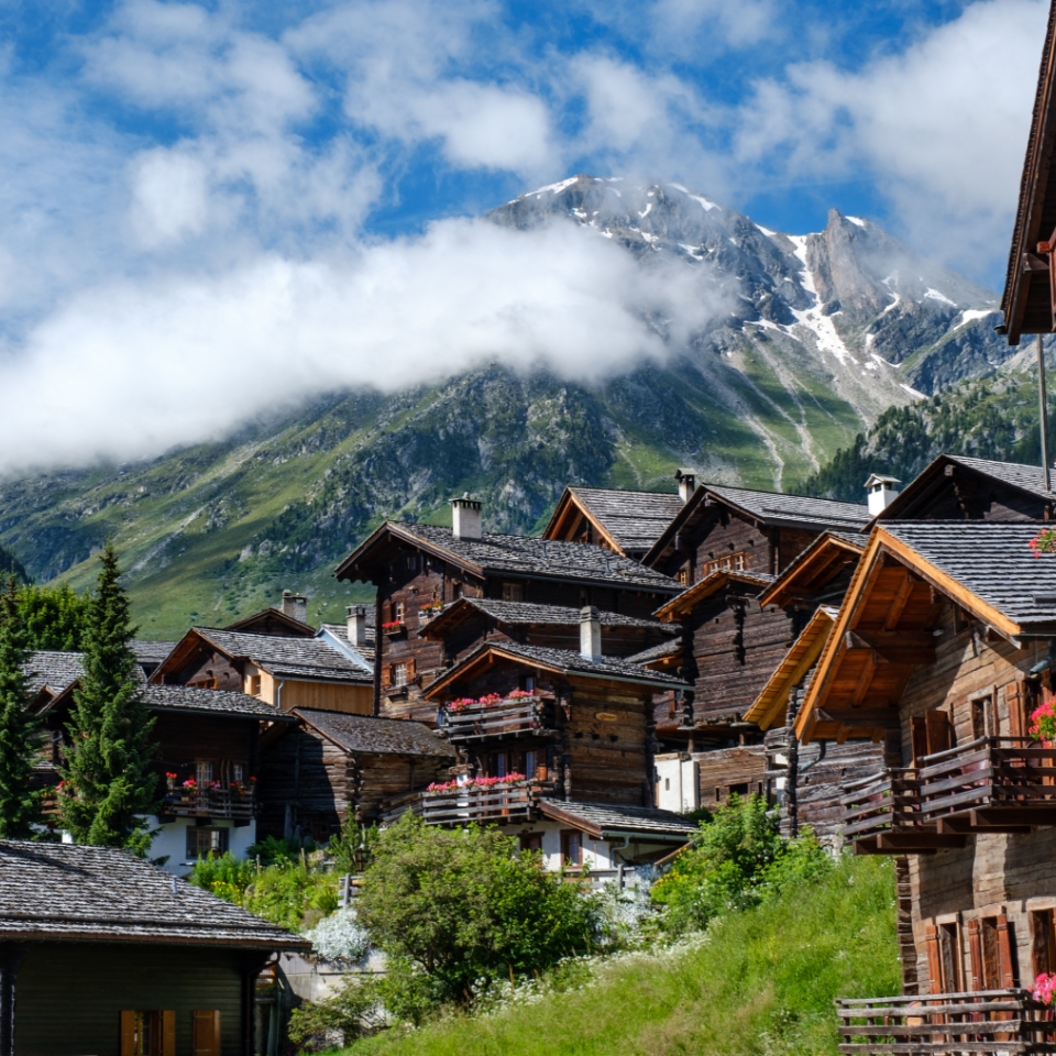 Mountains with wooden houses